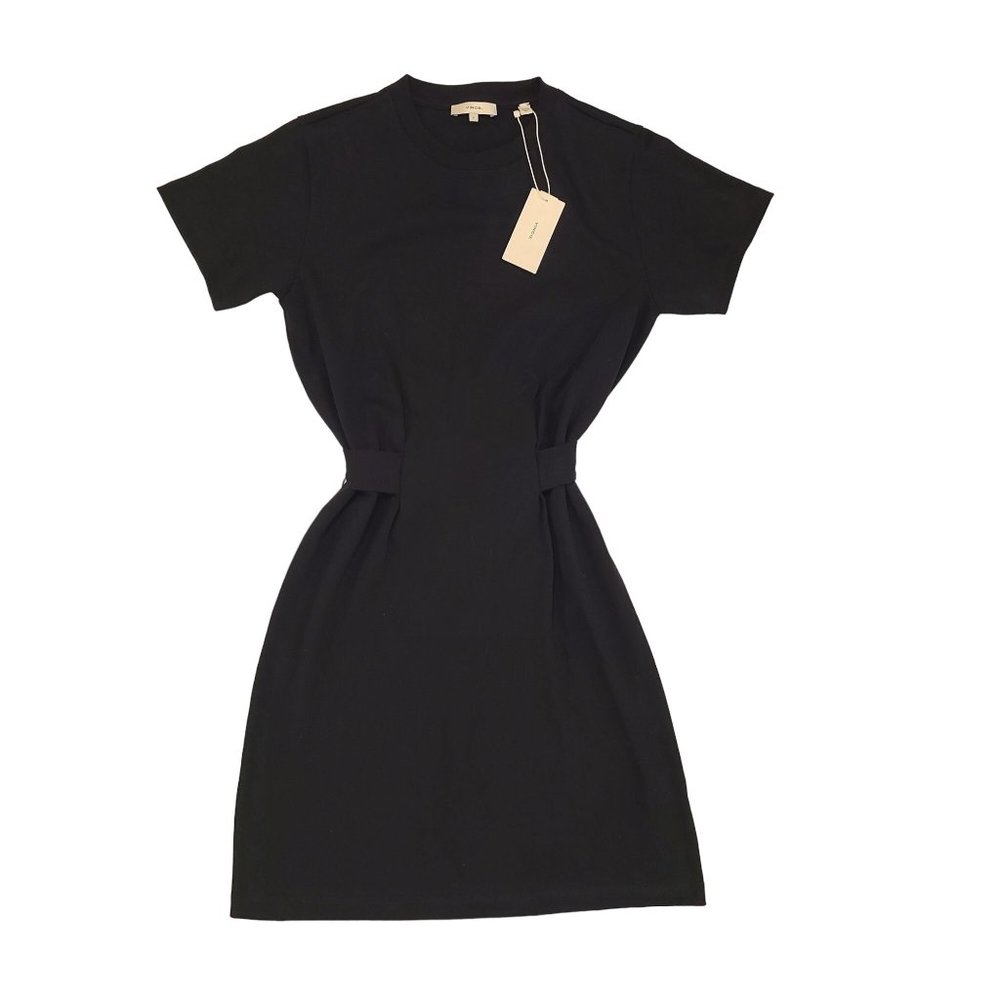 NWT Vince Short Sleeve Tie Waist Black Mini Dress Minimalist Quiet Luxury Size S